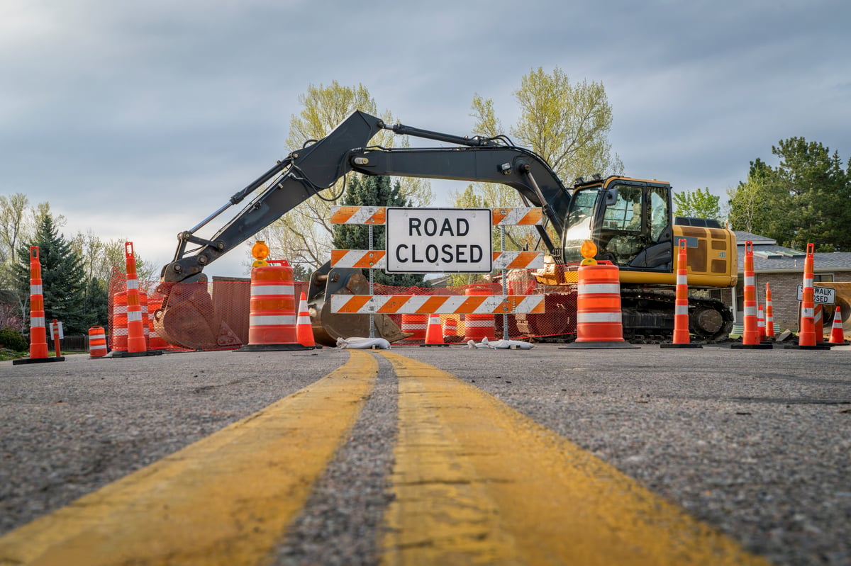 Road closed construction sign barrier