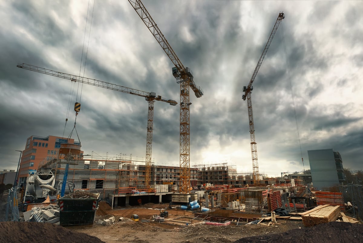 Construction site with cranes infrastructure development