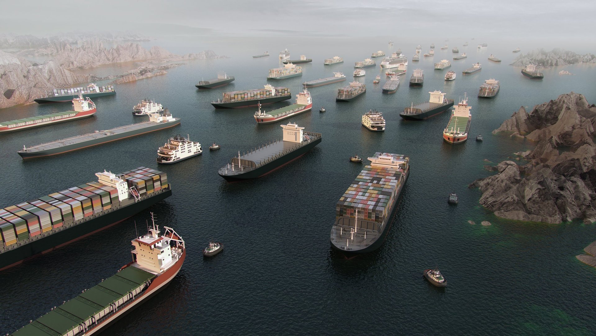 Cargo vessels and tankers at Strait of Hormuz maritime shipping hub for global trade logistics